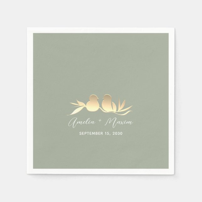 Sage Green Gold Lovebirds Wedding Napkin (Front)