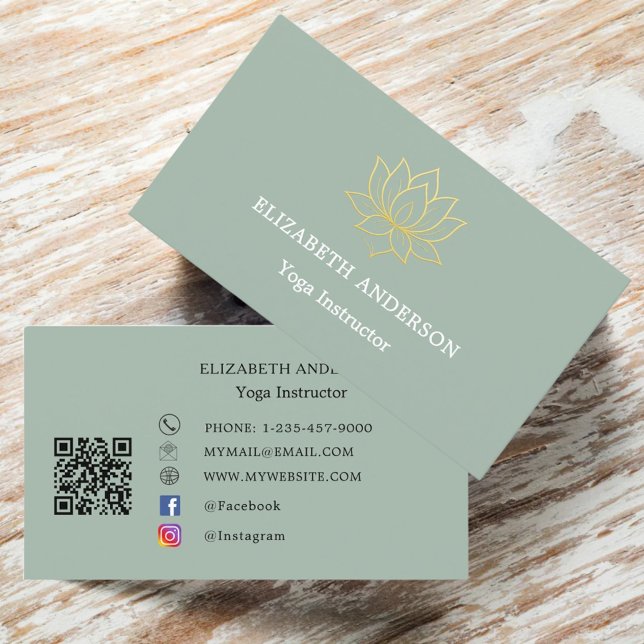 Sage green gold lutus flower Yoga Instructor Business Card (Creator Uploaded)