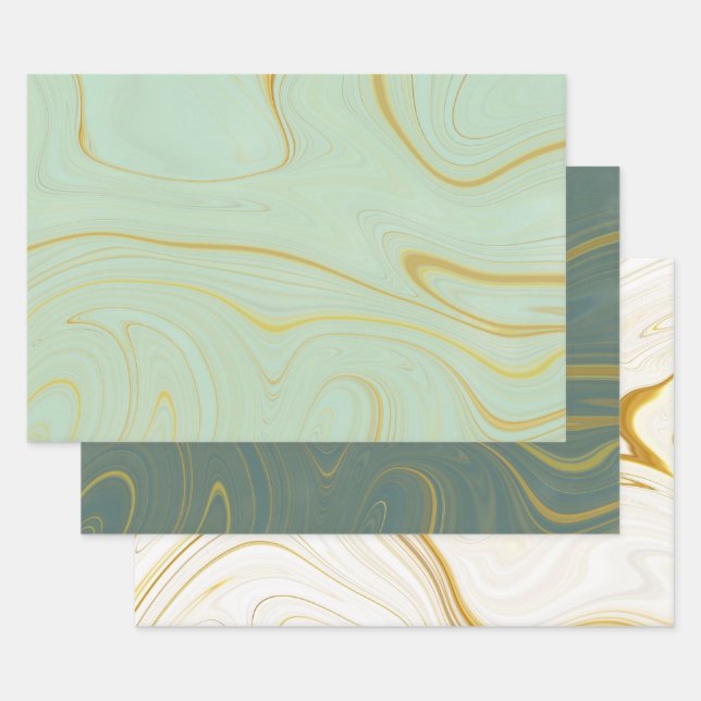 Sage Green Gold Marble Agate Glitter Wrapping Paper Sheet (Set)