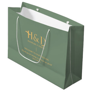 Sage green & Gold Monogram Wedding Welcome Guest  Large Gift Bag