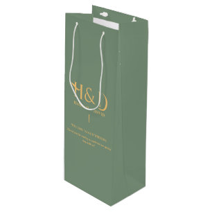 Sage green & Gold Monogram Wedding Welcome Guest  Wine Gift Bag