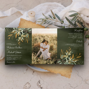 Sage Green Gold Olive Leaves Branch Photo Wedding Tri-Fold Invitation