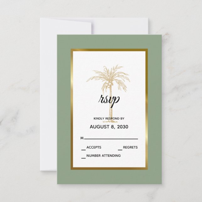 Sage Green Gold Palm Tree Beach Wedding RSVP Card (Front)
