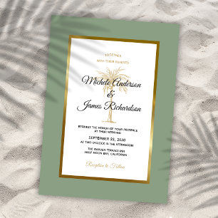 Sage Green Gold Palm Tree Tropical Beach Wedding Invitation