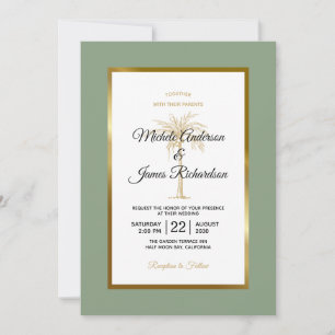 Sage Green Gold Palm Tree Tropical Wedding Invitation