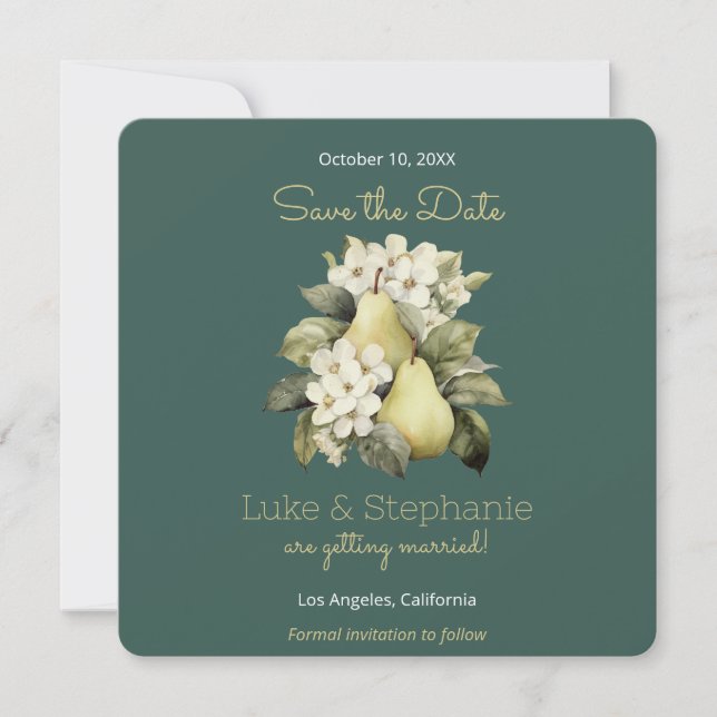 Sage Green & Gold Pear Square Save the Date Cards (Front)