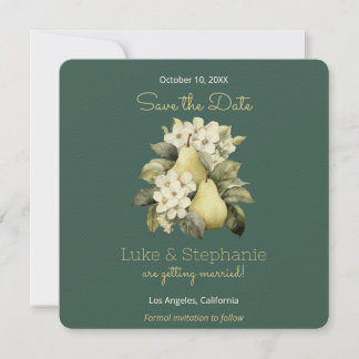 Sage Green & Gold Pear Square Save the Date Cards
