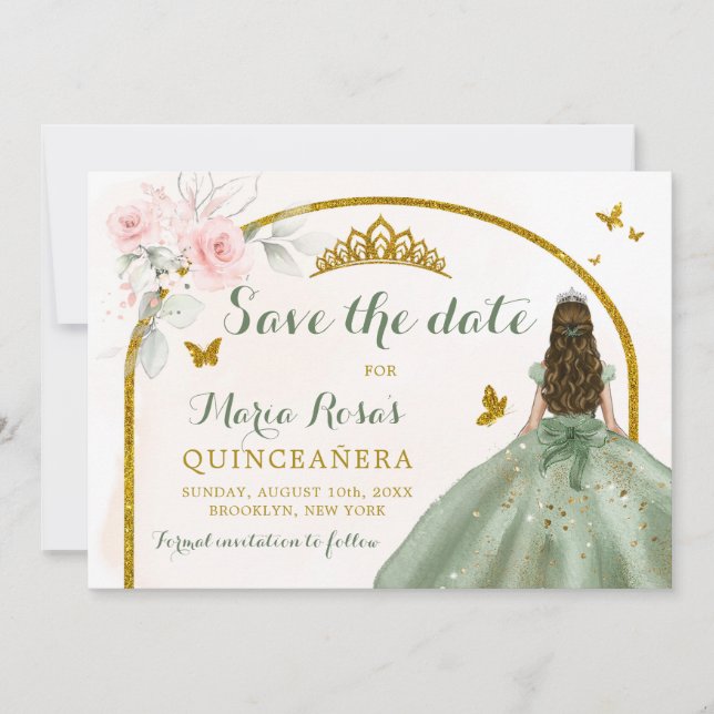 Sage Green Gold Princess Butterfly Quinceañera Invitation (Front)
