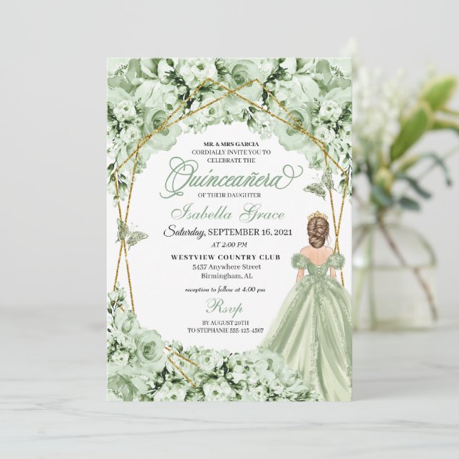 Sage Green Gold Princess Dress Quinceanera Invitation (Standing Front)