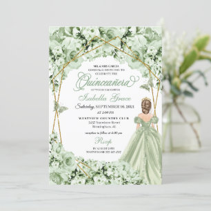 Sage Green Gold Princess Dress Quinceanera Invitation