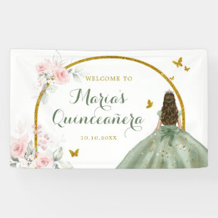 Sage Green Gold Princess Quinceañera Butterfly Banner