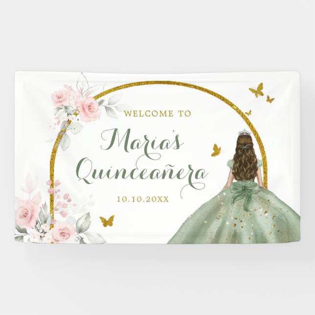 Sage Green Gold Princess Quinceañera Butterfly Banner (Horizontal)