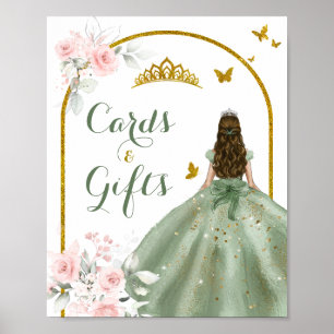 Sage Green Gold Princess Quinceañera Card & Gifts Poster