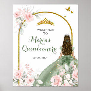 Sage Green Gold Princess Quinceanera Welcome Poster