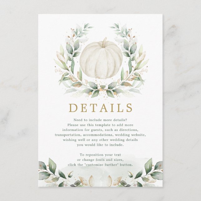 Sage Green Gold Pumpkin Greenery Wedding Details Enclosure Card (Front)