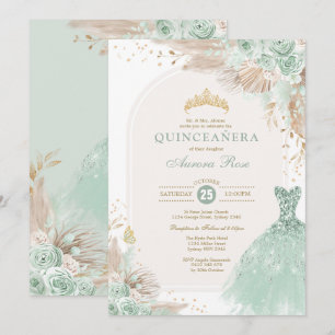 Sage Green Gold Quinceañera Boho 15th Birthday Invitation