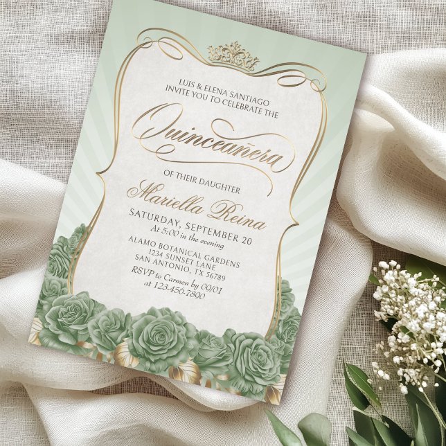 Sage Green Gold Quinceañera Invitation (Creator Uploaded)