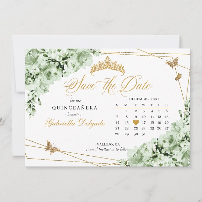 Sage Green & Gold Quinceañera Save The Date Invitation (Front)
