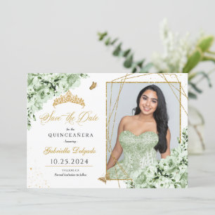 Sage Green & Gold Quinceañera Save The Date Photo Invitation