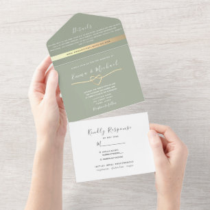 Sage Green Gold Rope Heart Wedding All In One Invitation