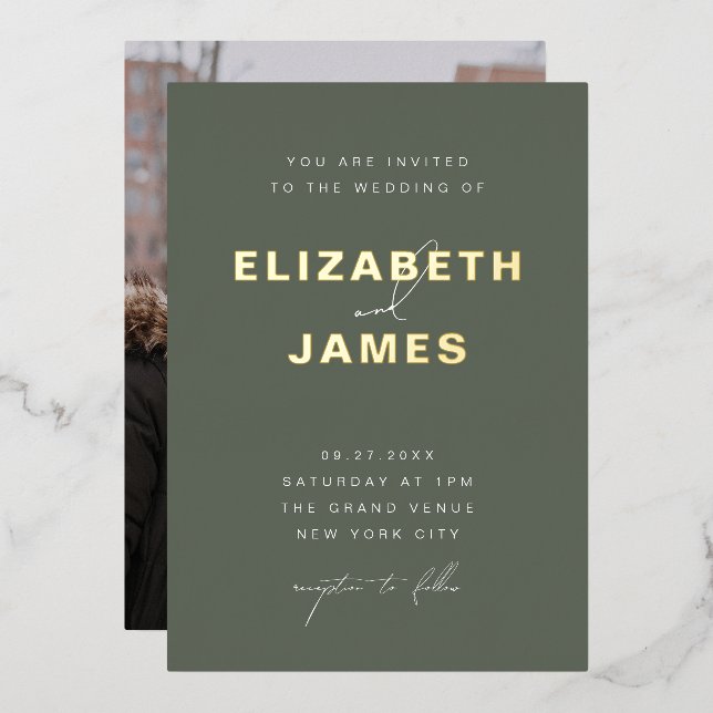Sage Green & Gold Simple Modern Minimalist Wedding (Front/Back)