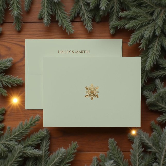 Sage Green Gold Snowflake Holiday Return Address Envelope (Creator Uploaded)