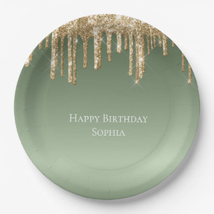 Sage Green Gold Sparkle Glitter Drips Birthday Paper Plate