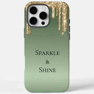 Sage Green Gold Sparkle Glitter Drips iPhone 16 Pro Max Case