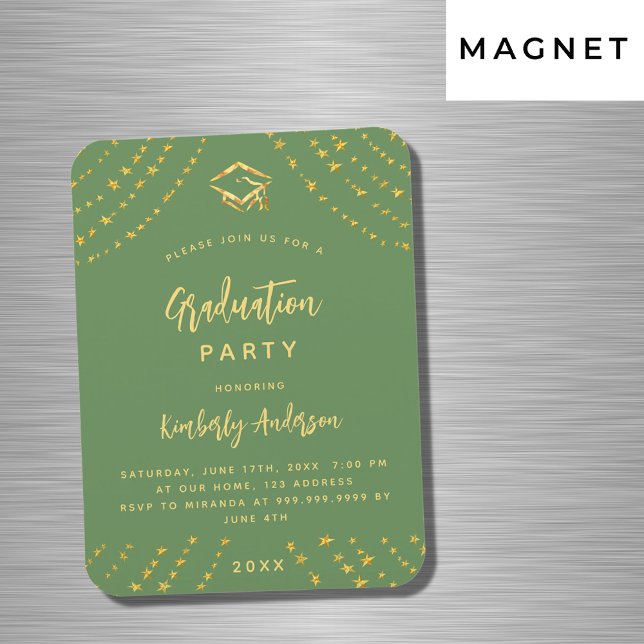 Sage green gold stars graduation party invitation magnet (Creator Uploaded)
