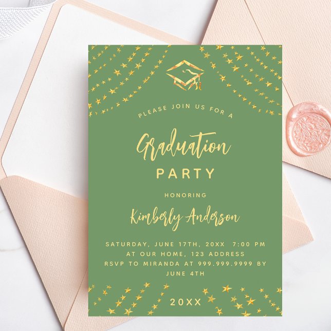 Sage green gold stars graduation party luxury invitation (Creator Uploaded)