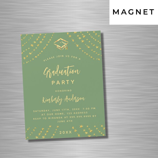 Sage green gold stars graduation party luxury magnetic invitation (Creator Uploaded)