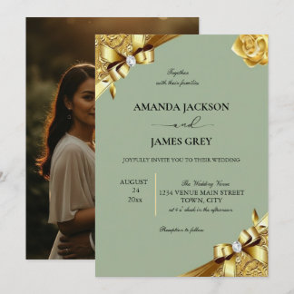 Sage Green Gold String Lights Photo Wedding Invita Invitation