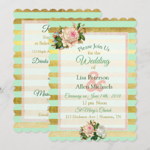 Sage Green Gold Striped Floral Wedding Invitation