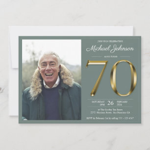 Sage Green Gold Text Classy Photo 70th Birthday Invitation