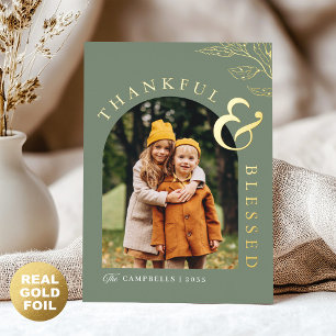 Sage Green Gold Thankful & Blessed Thanksgiving Foil Holiday Card