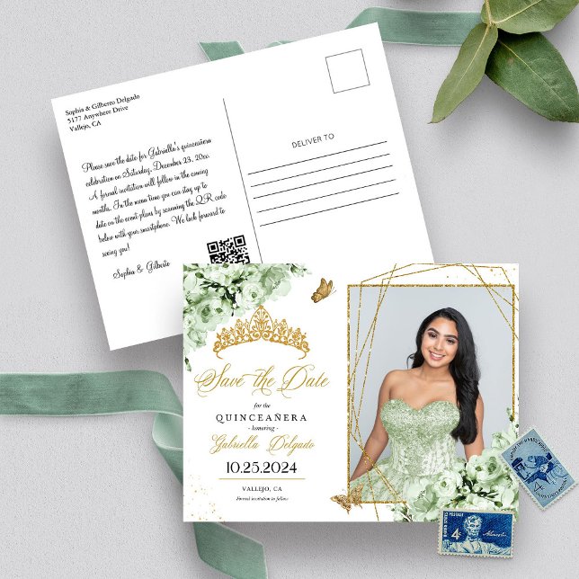 Sage Green & Gold Tiara Quinceañera Photo Postcard (Creator Uploaded)