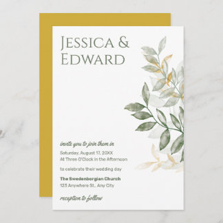 Sage Green Gold Watercolor Botanical Wedding Chic Invitation