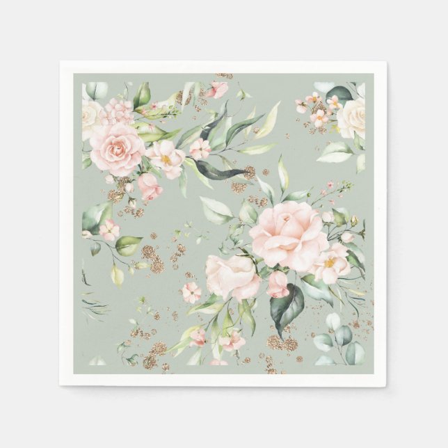 Sage Green Gold Watercolor Floral Botanical Party Napkin (Front)