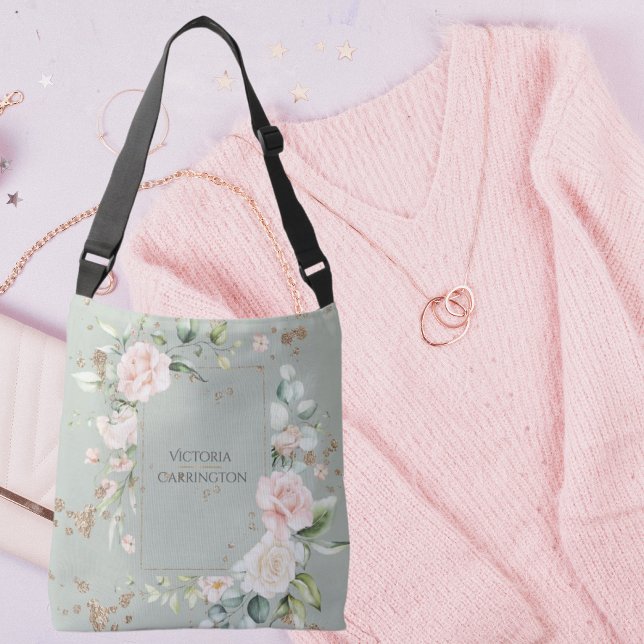 Sage Green Gold Watercolor Floral Personalised Crossbody Bag (Creator Uploaded)