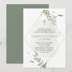 Sage Green & Gold Watercolor Foliage Baptism  Invitation