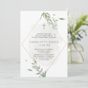 Sage Green & Gold Watercolor Foliage Baptism  Invitation