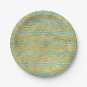 Sage Green & Gold Watercolor Wave Stripes Paper Plate