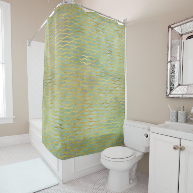 Sage Green & Gold Watercolor Wave Stripes Shower Curtain (In Situ)