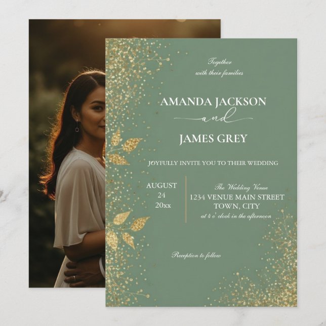 Sage Green & Gold Wedding Invitation (Front/Back)