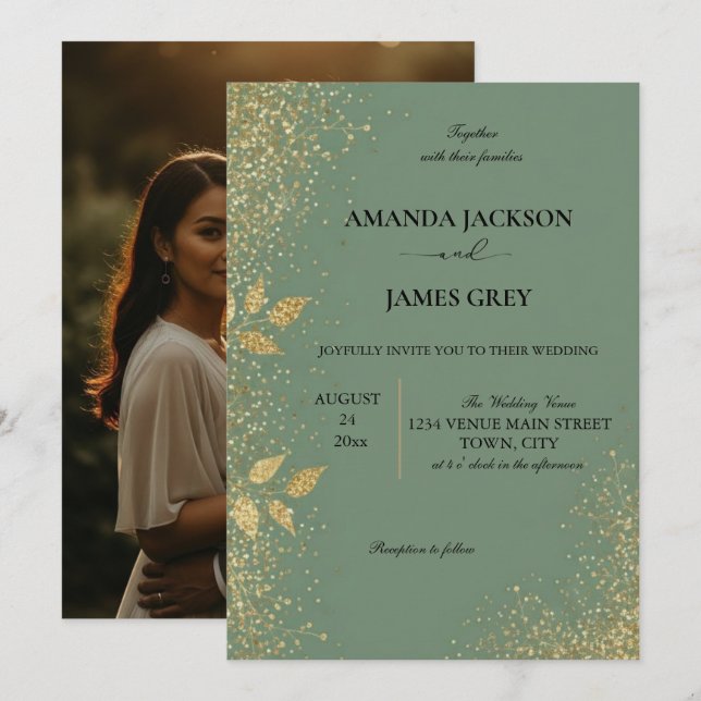 Sage Green & Gold Wedding Invitation (Front/Back)