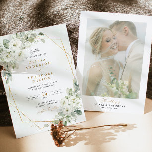 Sage Green Gold White Floral Photo Back Wedding Invitation