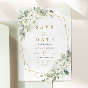 Sage Green Gold White Floral Photo Wedding Save The Date