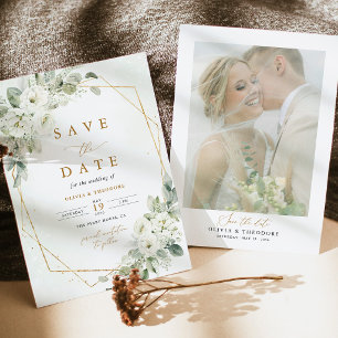 Sage Green Gold White Floral Photo Wedding Save The Date