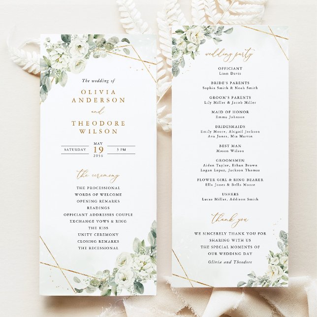 Sage Green Gold White Floral Wedding Ceremony Programme (Sage Green Floral Wedding Program, Gold Geometric Ceremony Program, Wedding Party Program Card)