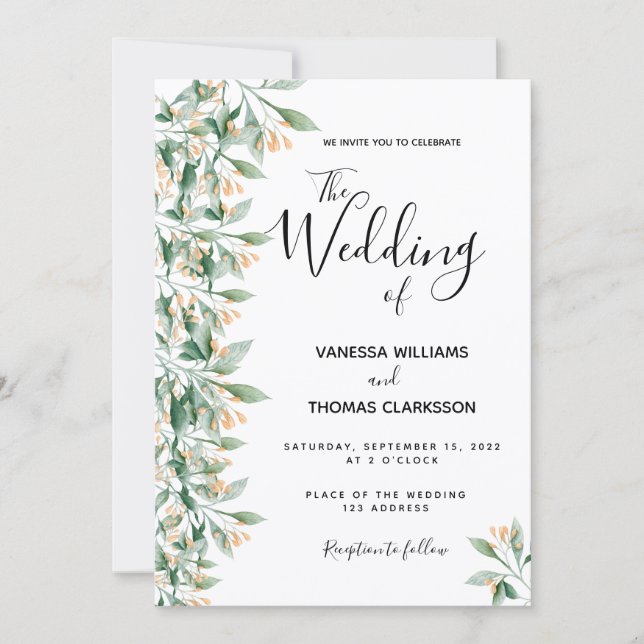 Sage green golden botanical floral wedding invitation (Front)